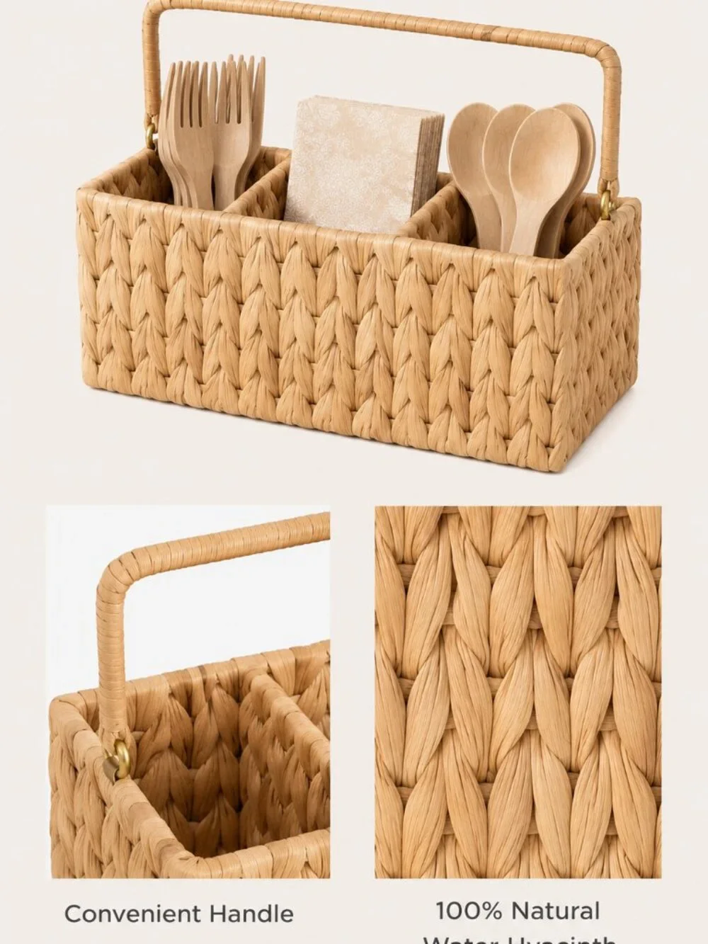 Hand-Woven Wicker Silverware Organizer Water Hyacinth Cutlery Holder Countertop